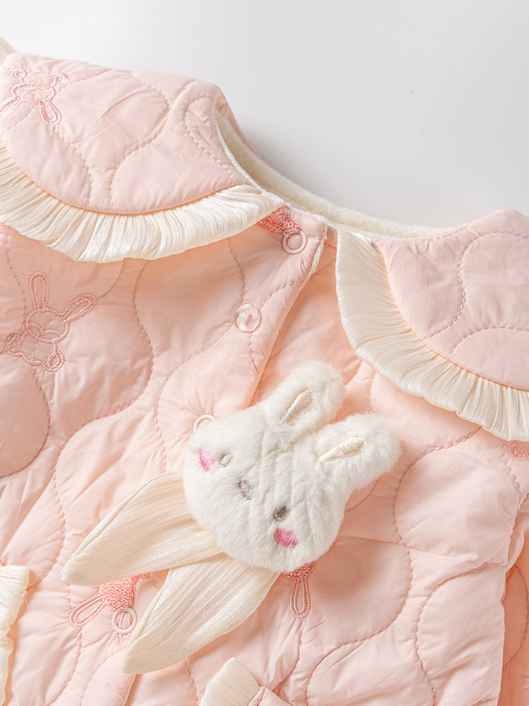Baby girl wearing a pink rabbit cartoon romper with a Peter Pan collar, showcasing a playful design suitable for all seasons.