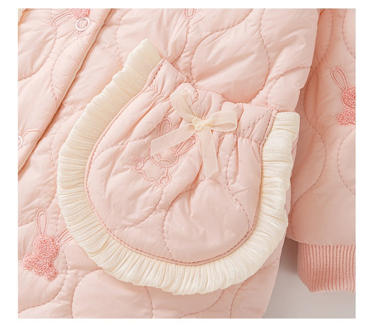 Baby girl wearing a pink rabbit cartoon romper with a Peter Pan collar, showcasing a playful design suitable for all seasons.