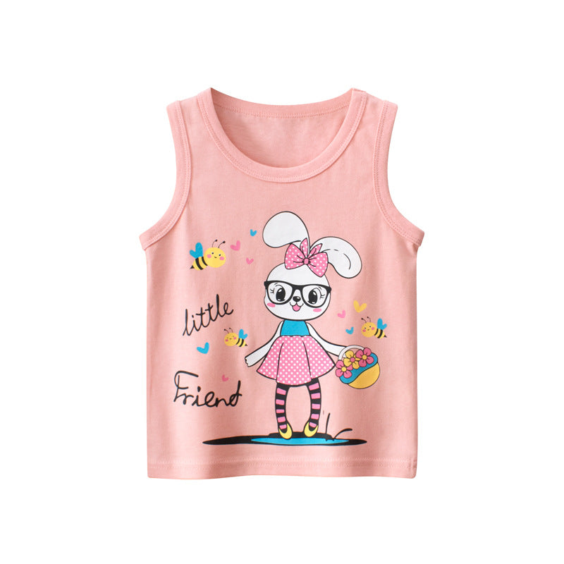 Baby girl sleeveless cotton vest featuring a cute rabbit pattern in pink and purple colors, perfect for summer wear.