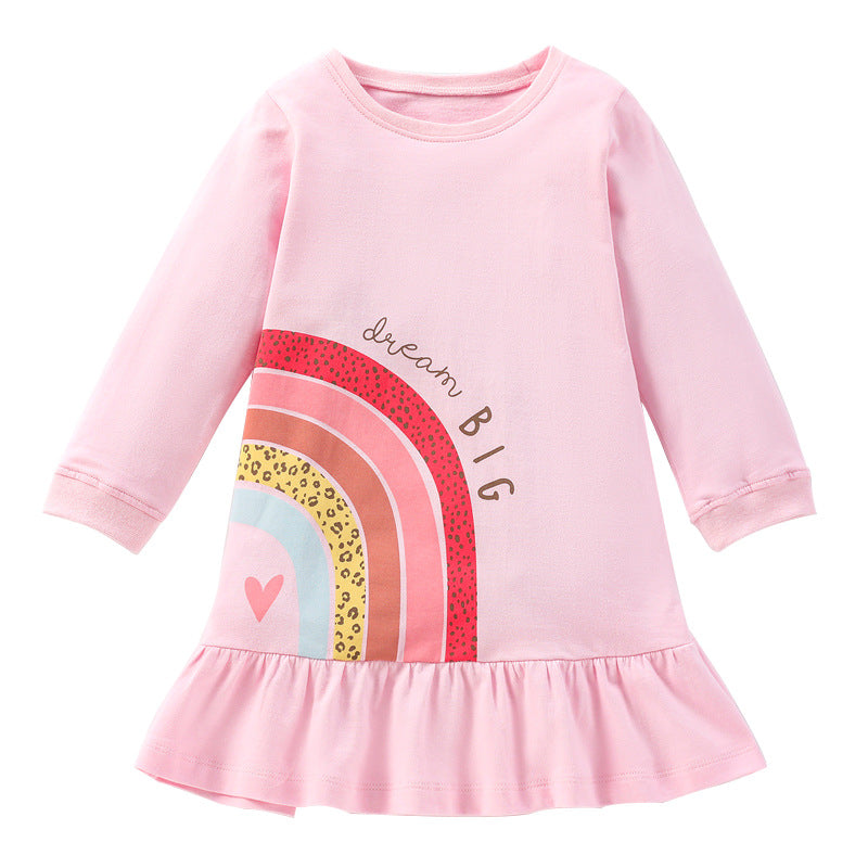 Baby girl dress set featuring a rainbow pattern design with long leggings in pink cotton fabric.