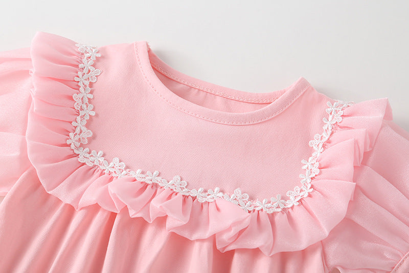 Adorable baby girl onesie featuring a round collar, short sleeves, and a small daisy pattern in pink cotton fabric.