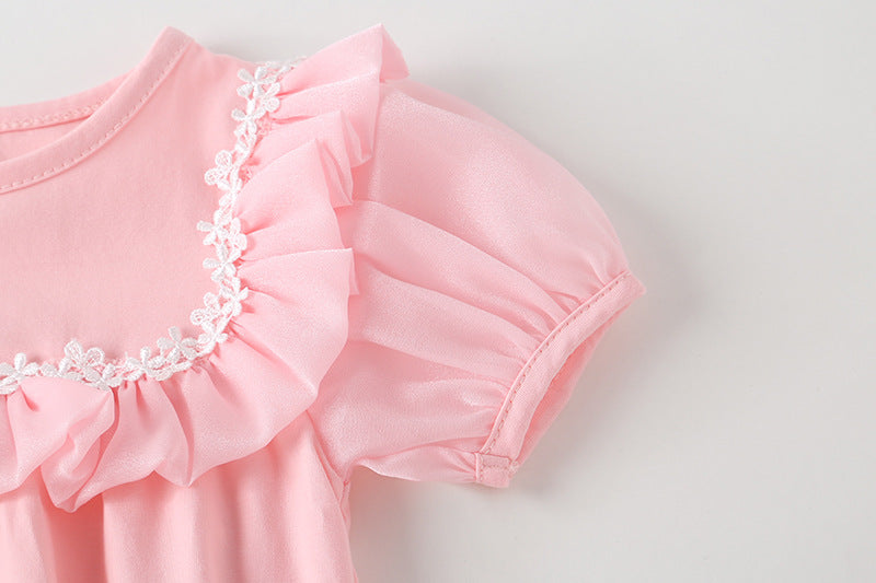 Adorable baby girl onesie featuring a round collar, short sleeves, and a small daisy pattern in pink cotton fabric.