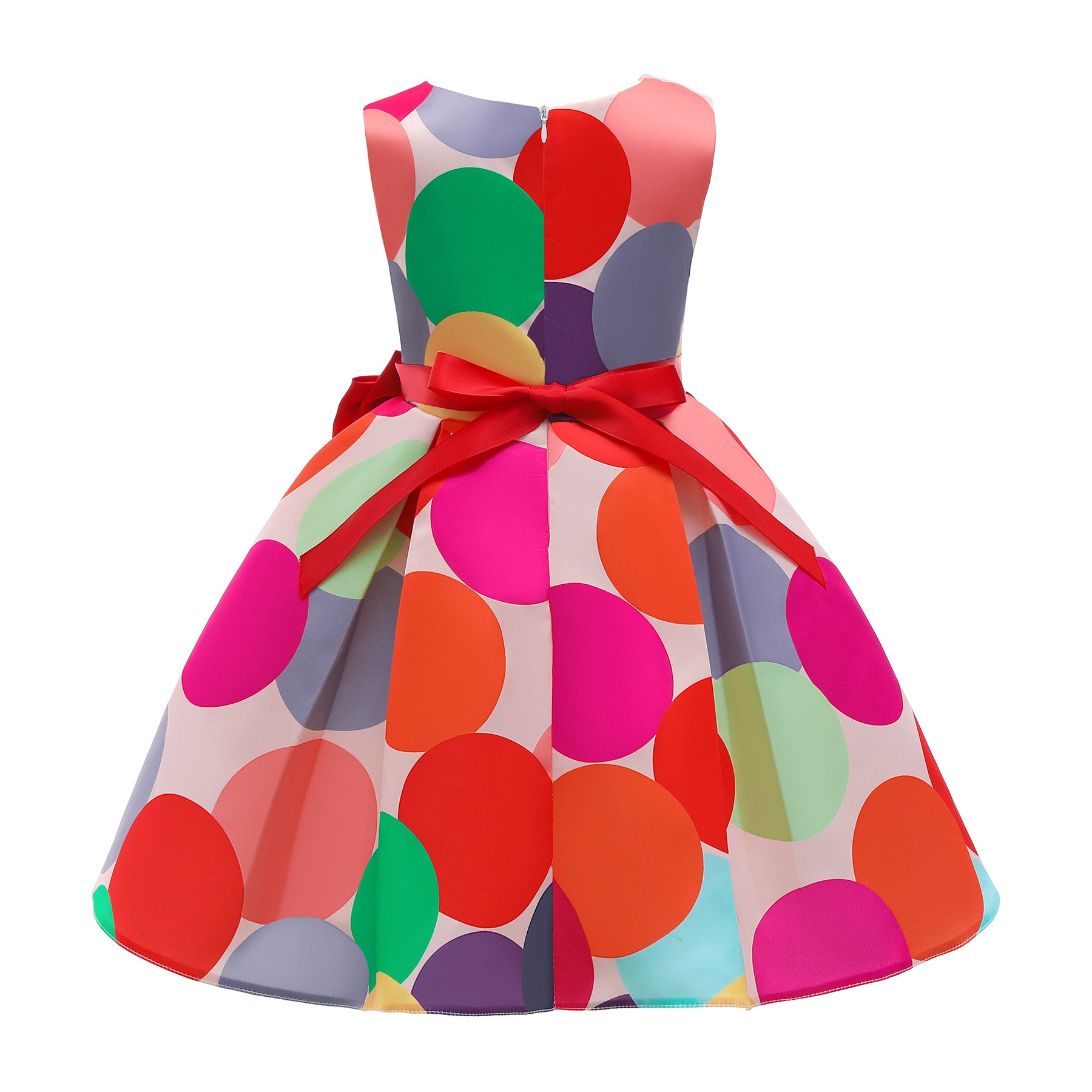 A beautiful red satin sleeveless dress with a polka dot pattern, perfect for baby girls, showcasing its elegant design and soft fabric.