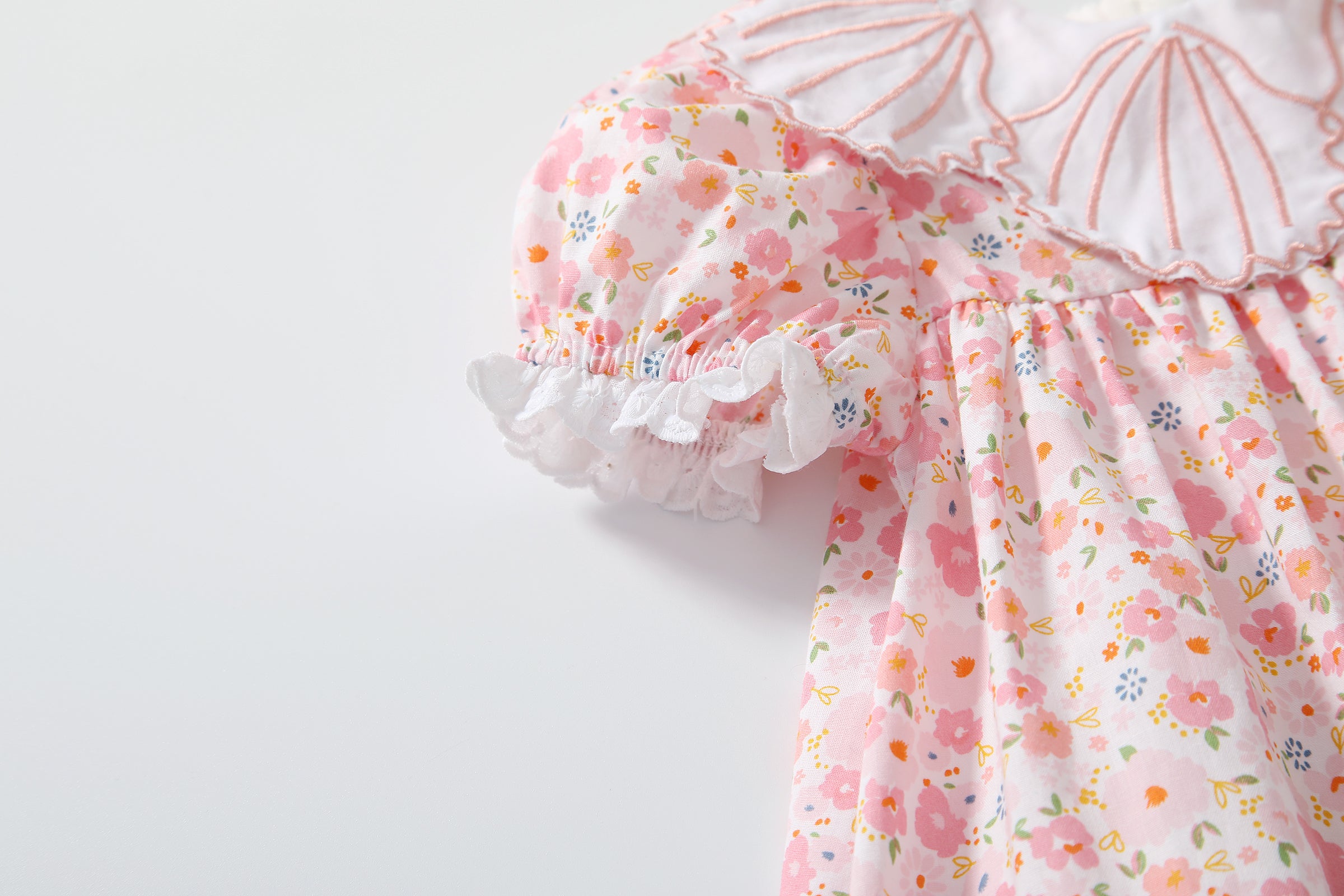 Baby girl dress featuring a floral print and shell shape collar, perfect for summer occasions.