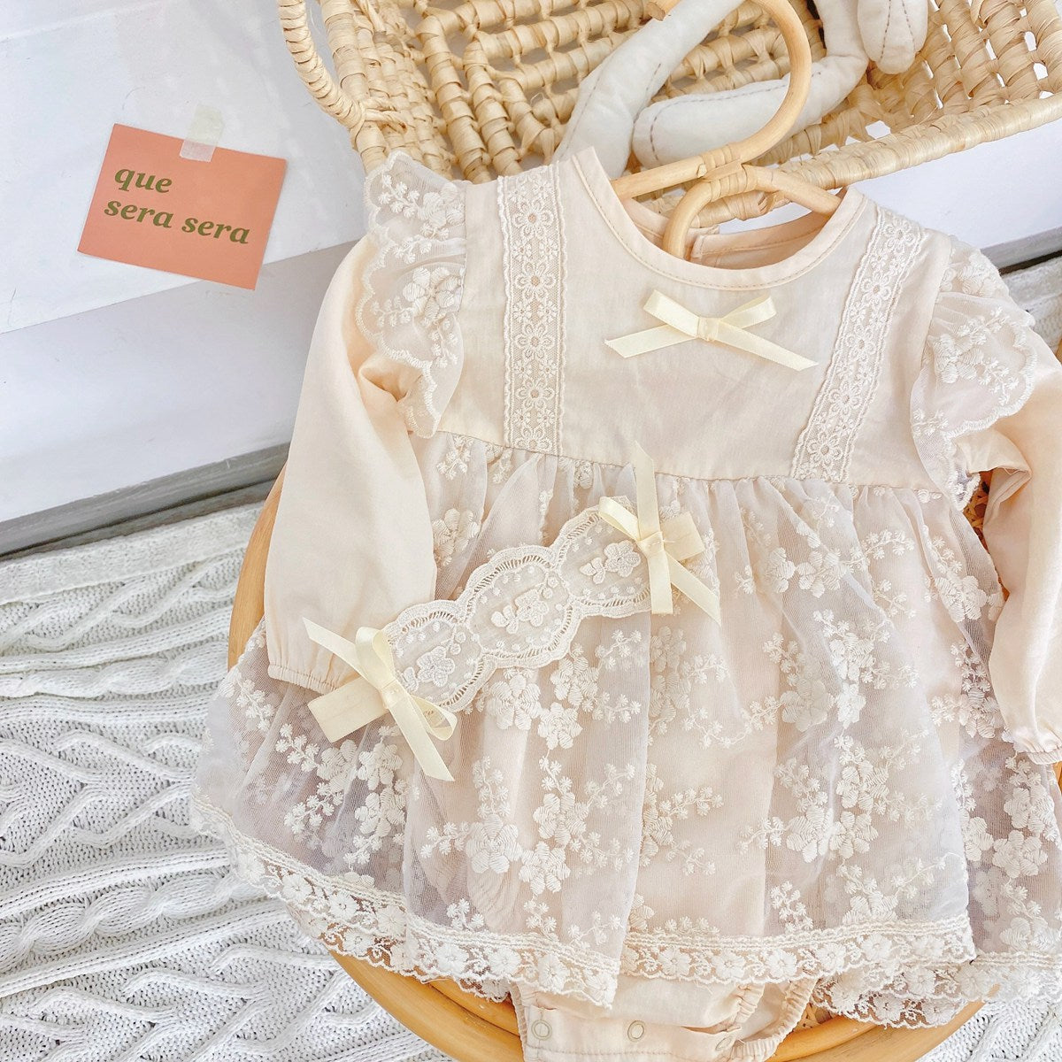 Baby girl onesie featuring solid color with floral embroidery and mesh overlay, perfect for spring and autumn wear.