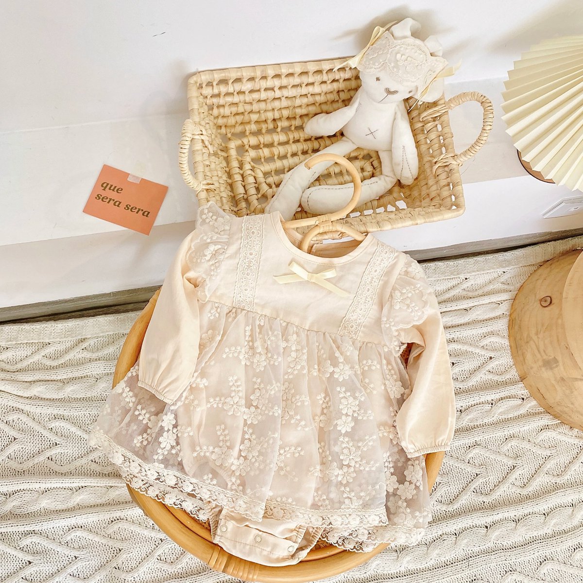 Baby girl onesie featuring solid color with floral embroidery and mesh overlay, perfect for spring and autumn wear.