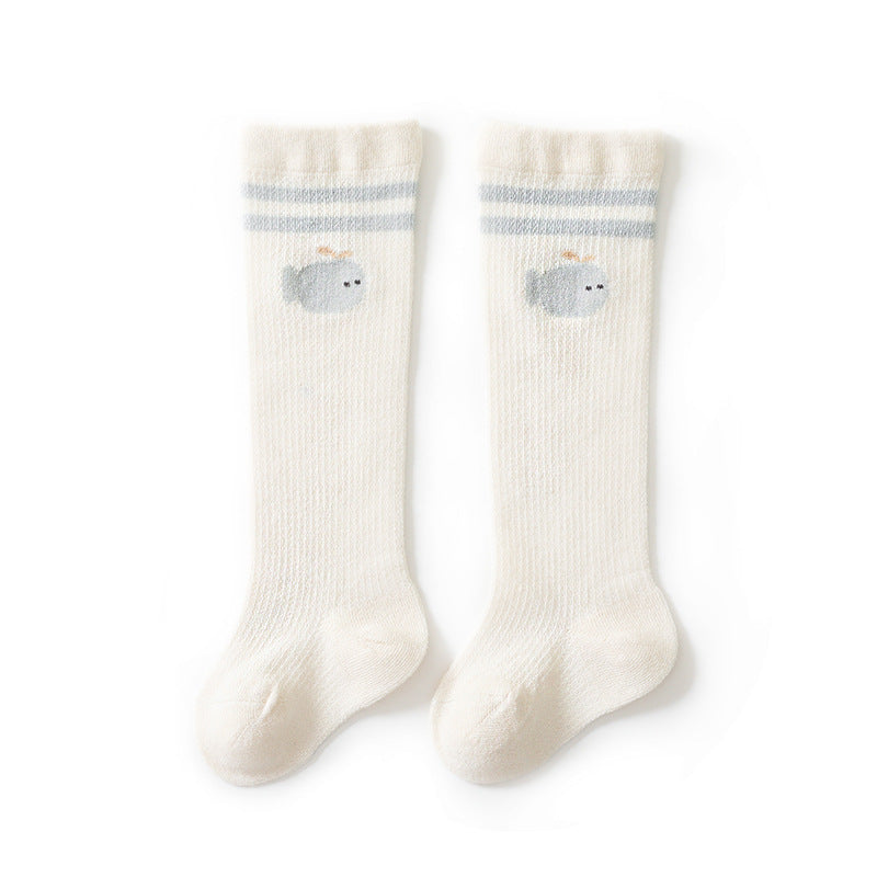 Baby girl knee socks with floral embroidery in various solid colors, made from breathable cotton.