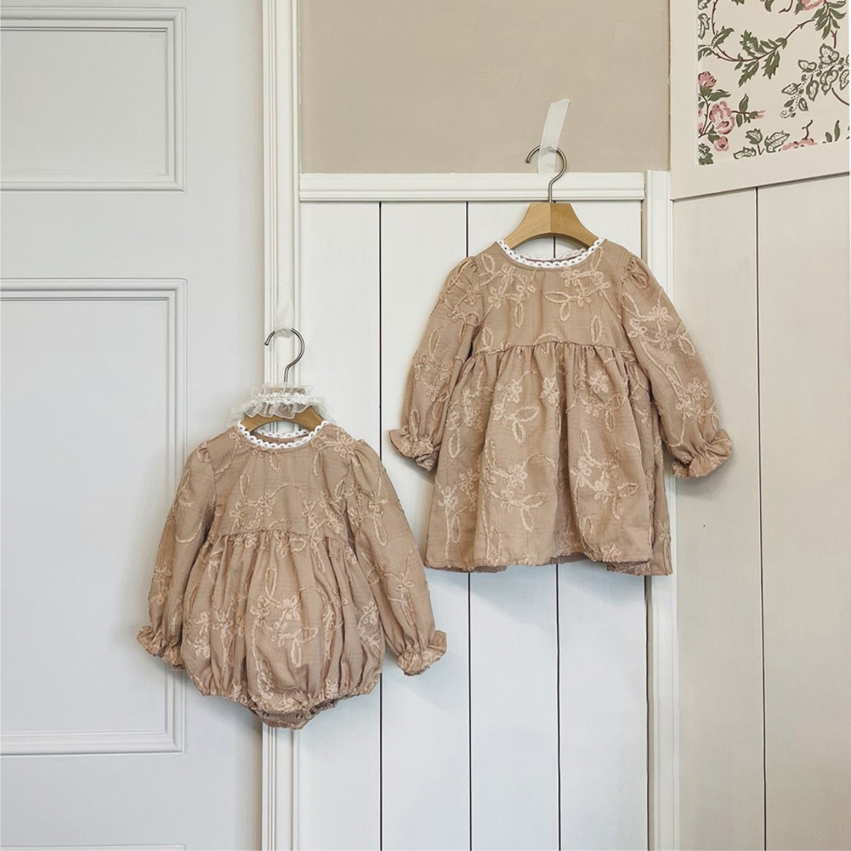 Baby girl solid color dress with jacquard embroidery in beige, apricot, brown, and coffee colors, made from soft cotton fabric.