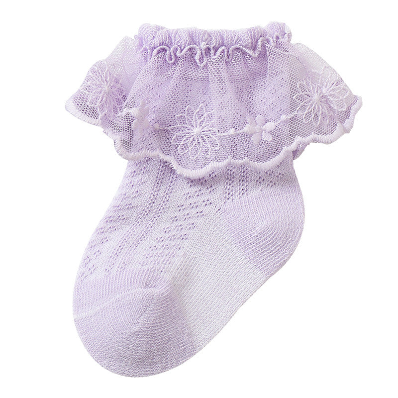 Baby Girl Solid Color Lace Mesh Design Princess Socks in white, pink, and purple, showcasing a delicate lace mesh pattern.