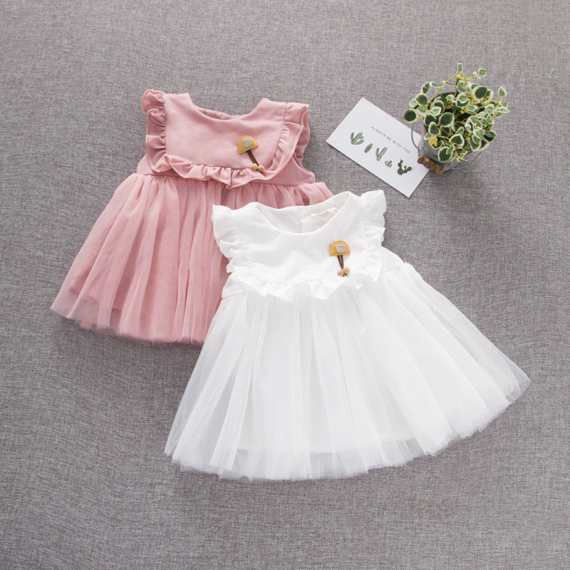 A stylish baby girl dress featuring a solid color mesh patchwork design, perfect for summer wear, available in white and pink.