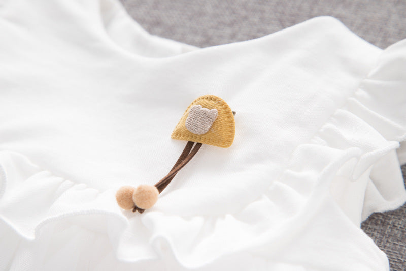 A stylish baby girl dress featuring a solid color mesh patchwork design, perfect for summer wear, available in white and pink.