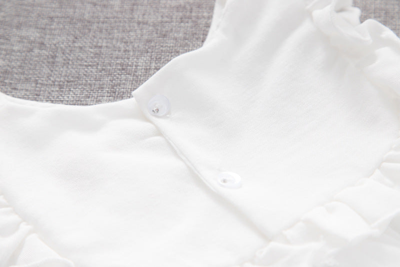 A stylish baby girl dress featuring a solid color mesh patchwork design, perfect for summer wear, available in white and pink.