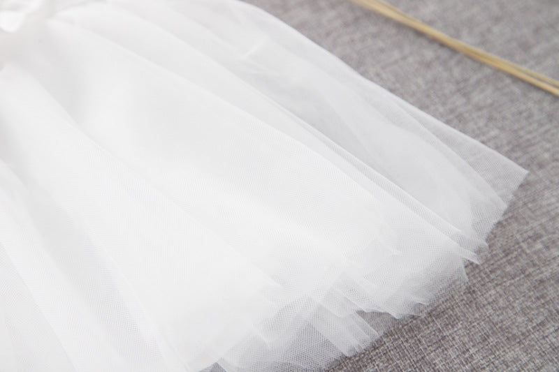 A stylish baby girl dress featuring a solid color mesh patchwork design, perfect for summer wear, available in white and pink.