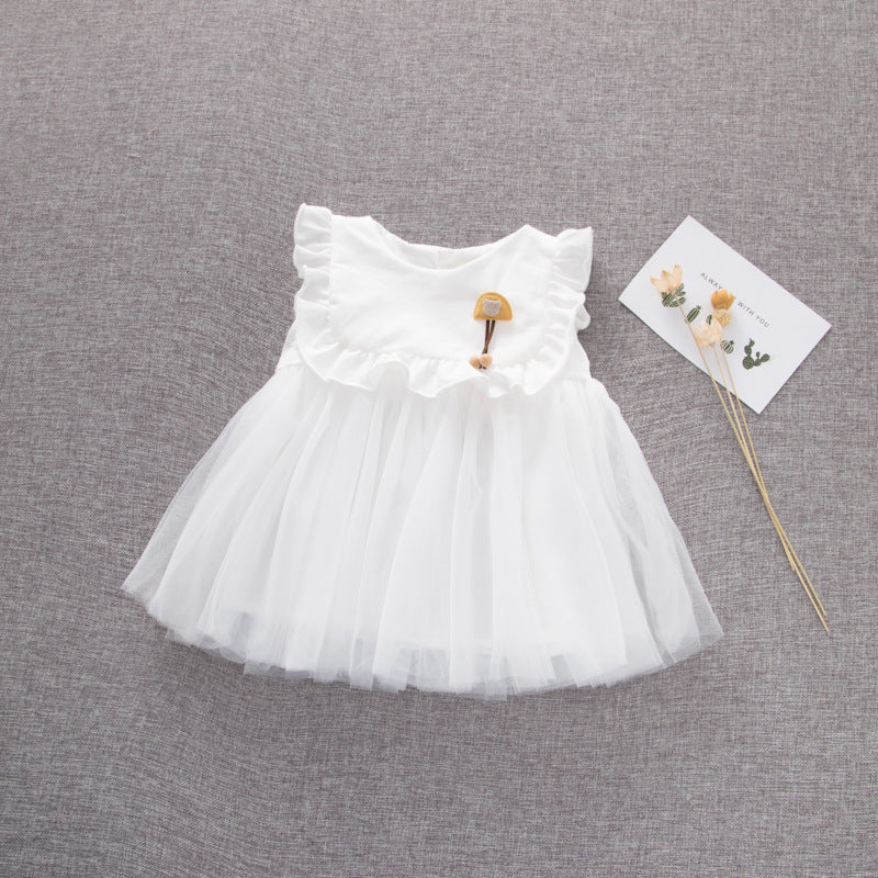 A stylish baby girl dress featuring a solid color mesh patchwork design, perfect for summer wear, available in white and pink.