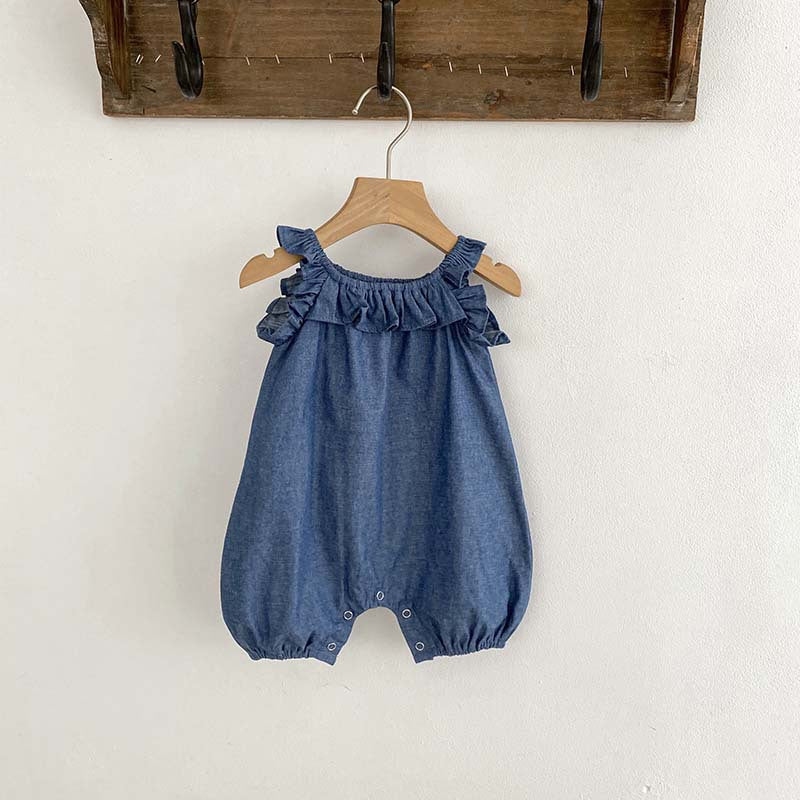 Baby girl denim bodysuit with ruffle design in blue, perfect for summer wear.