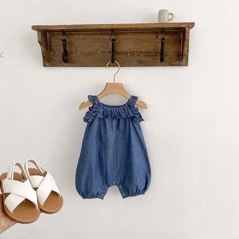Baby girl denim bodysuit with ruffle design in blue, perfect for summer wear.