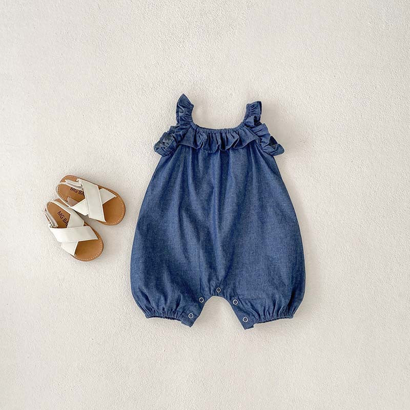 Baby girl denim bodysuit with ruffle design in blue, perfect for summer wear.