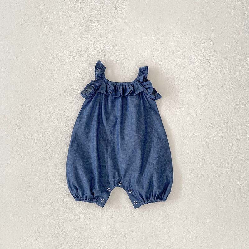 Baby girl denim bodysuit with ruffle design in blue, perfect for summer wear.