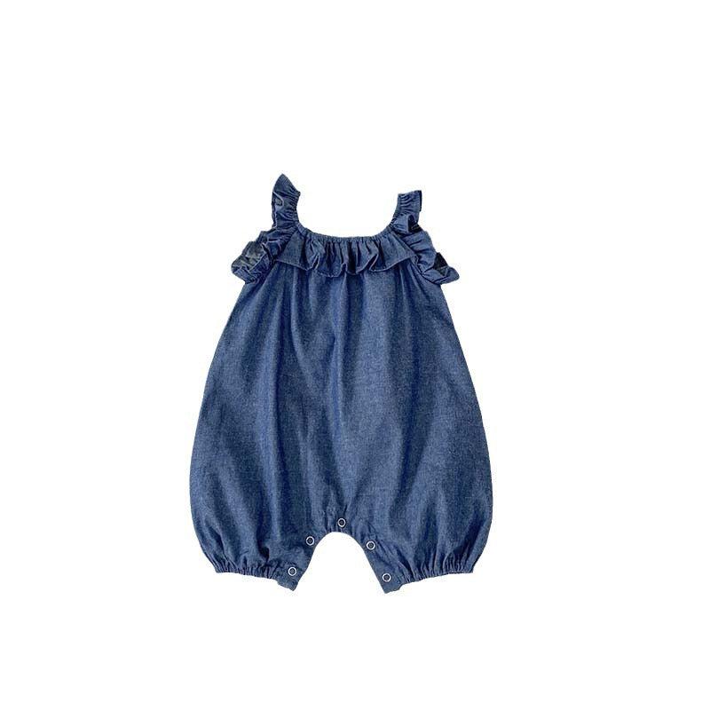 Baby girl denim bodysuit with ruffle design in blue, perfect for summer wear.