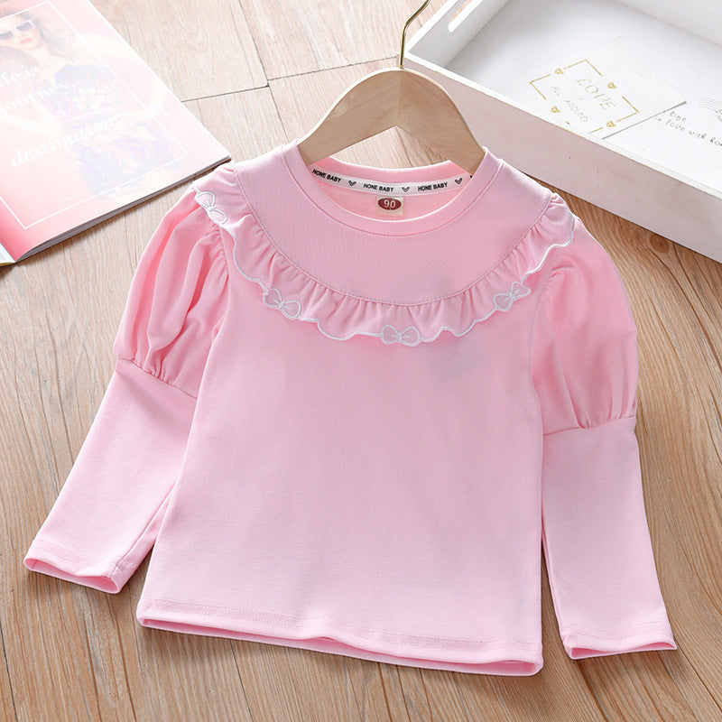 Baby Girl Solid Color Ruffle Design Shirt in white and pink, showcasing ruffle details and soft cotton fabric.