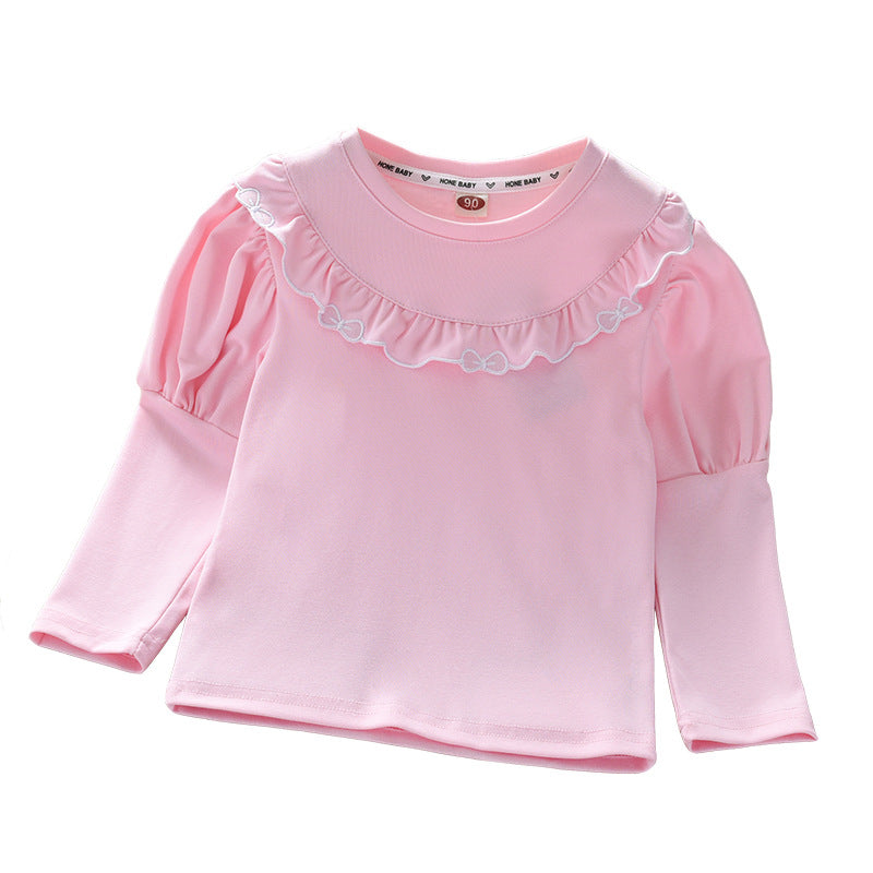 Baby Girl Solid Color Ruffle Design Shirt in white and pink, showcasing ruffle details and soft cotton fabric.