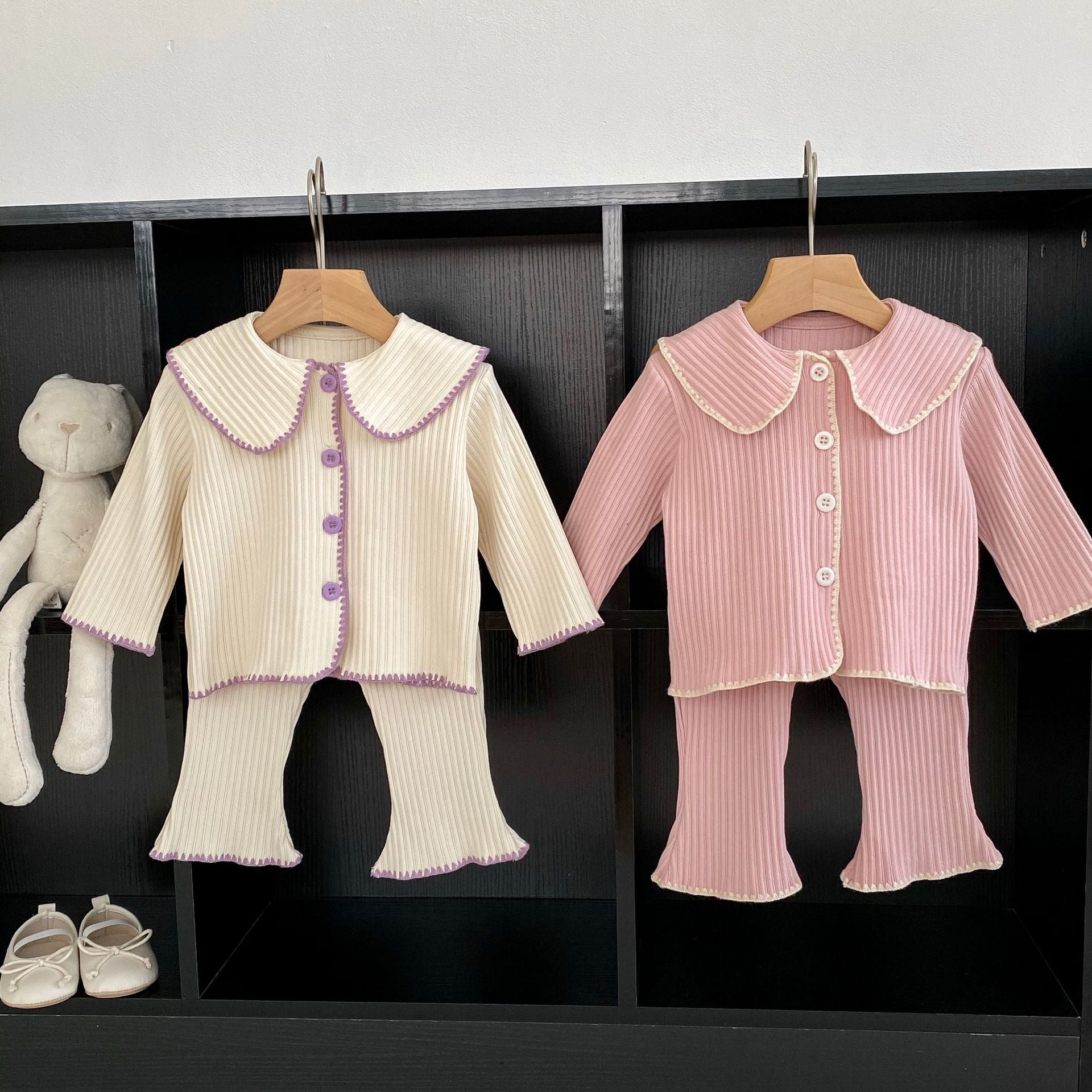 Baby girl solid color sets in pink and beige, made from soft cotton, perfect for autumn wear.