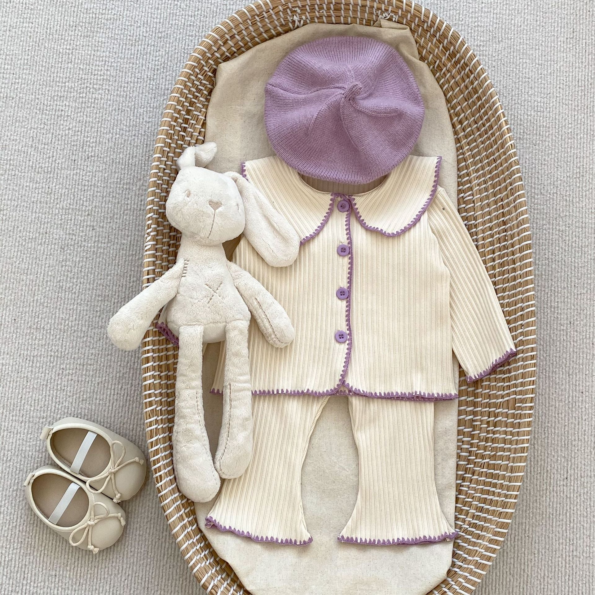 Baby girl solid color sets in pink and beige, made from soft cotton, perfect for autumn wear.