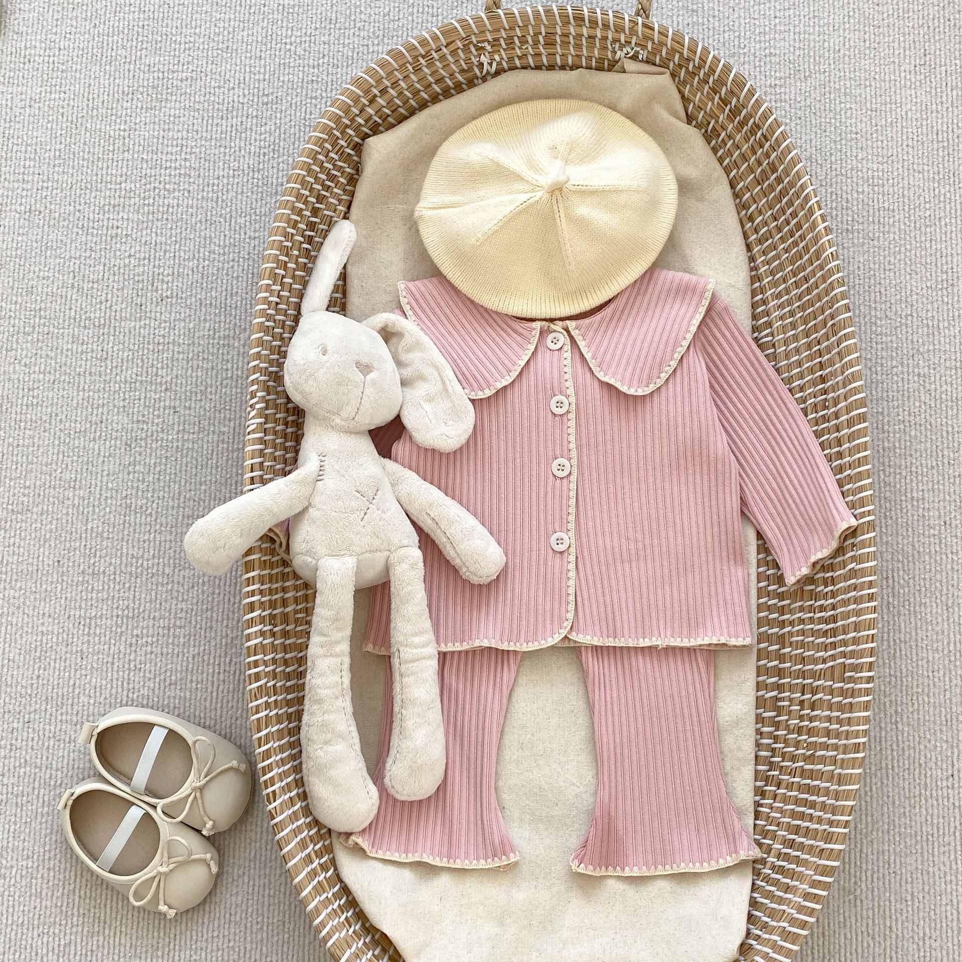 Baby girl solid color sets in pink and beige, made from soft cotton, perfect for autumn wear.