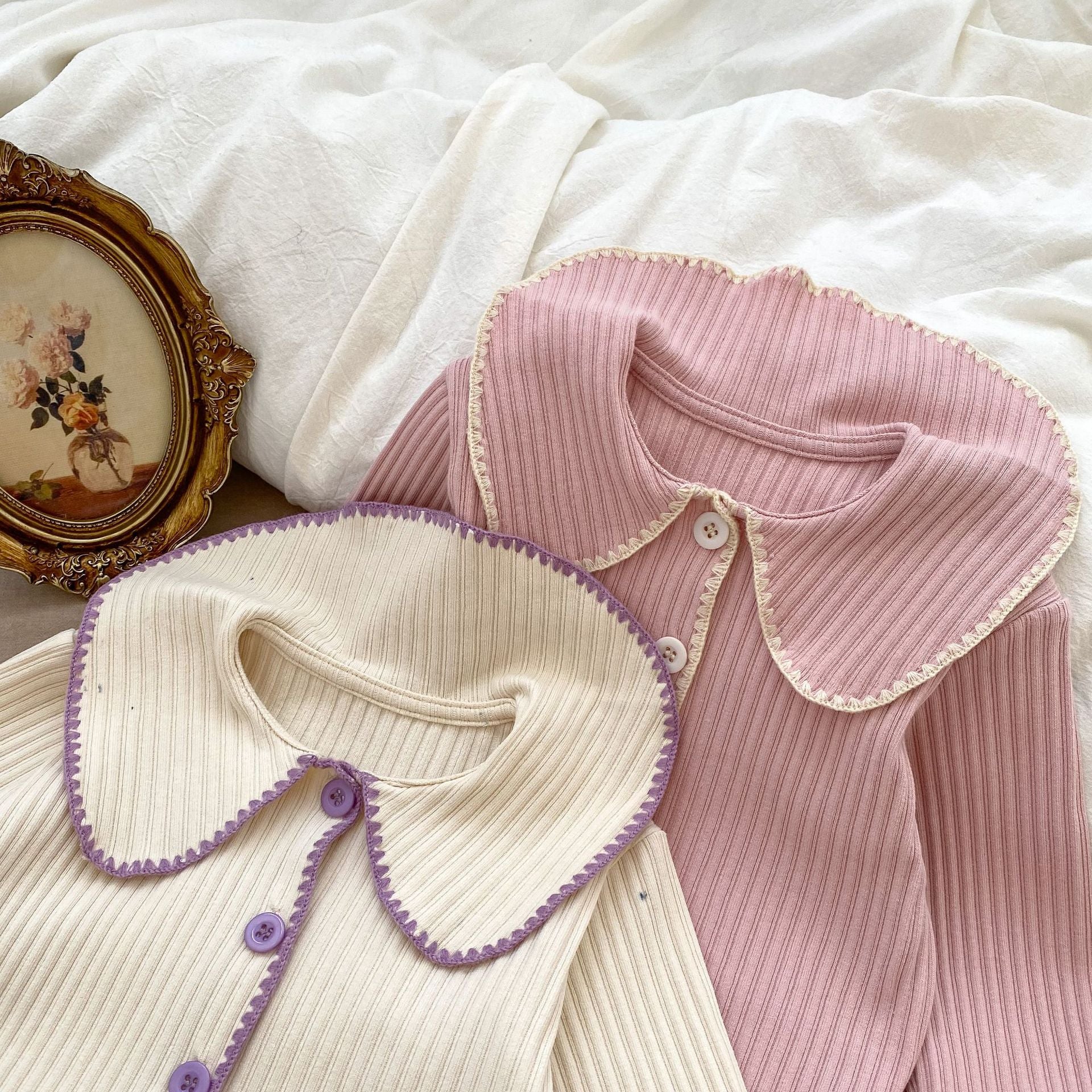 Baby girl solid color sets in pink and beige, made from soft cotton, perfect for autumn wear.