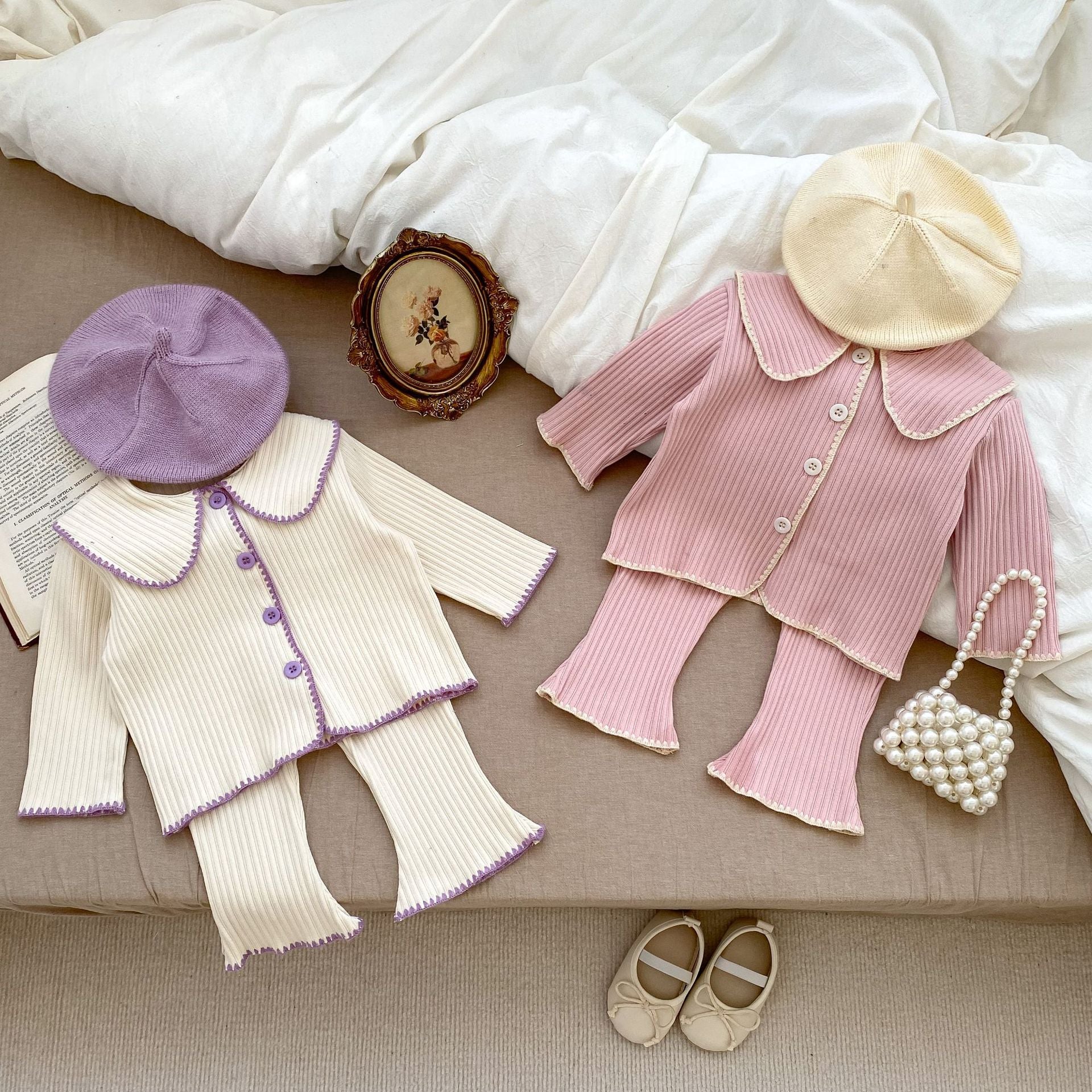 Baby girl solid color sets in pink and beige, made from soft cotton, perfect for autumn wear.