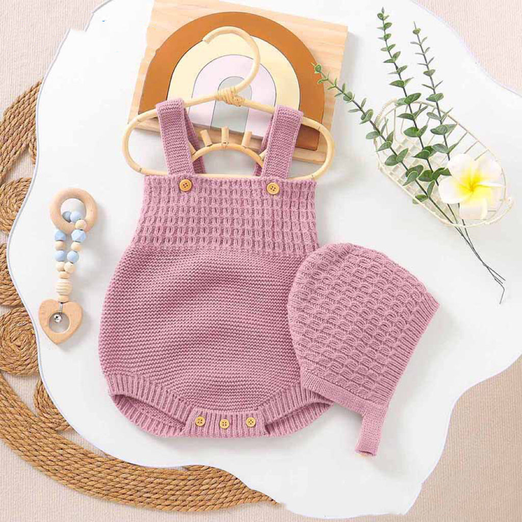 Baby girl solid color sling knitted onesies set with hat in white and pink, showcasing soft cotton fabric and trendy design.