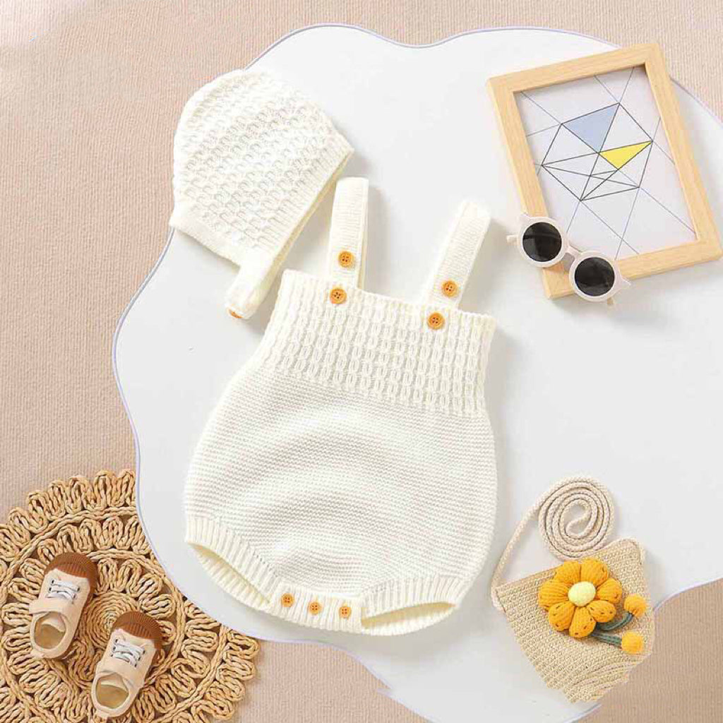 Baby girl solid color sling knitted onesies set with hat in white and pink, showcasing soft cotton fabric and trendy design.