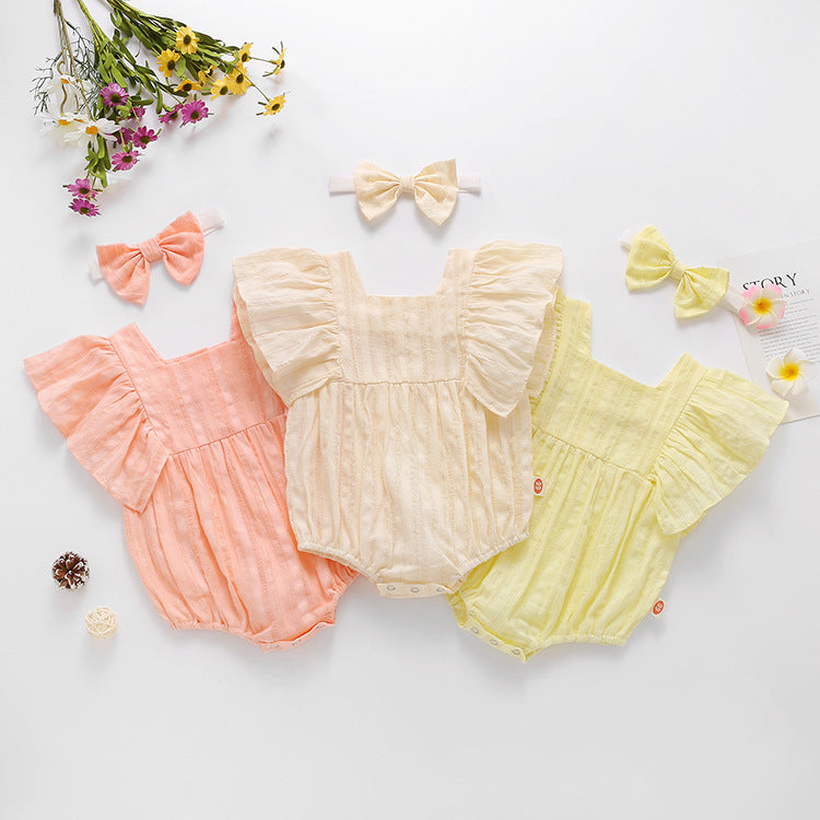 Baby girl solid color short-sleeved onesie with square collar and matching headband in pink, yellow, and beige options.