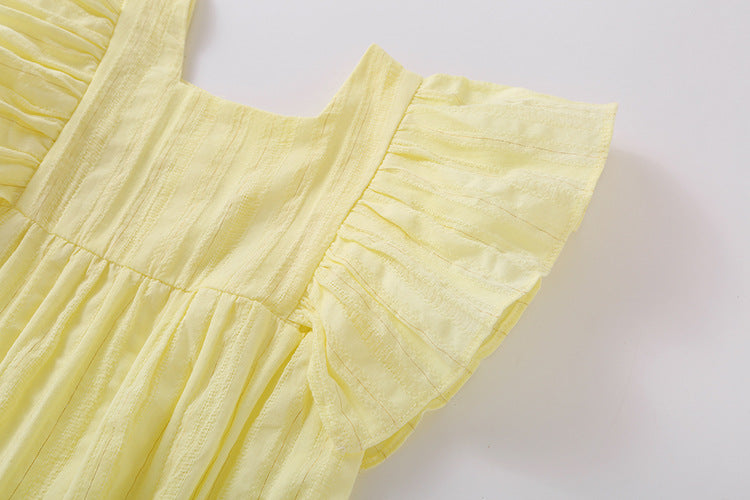 Baby girl solid color short-sleeved onesie with square collar and matching headband in pink, yellow, and beige options.