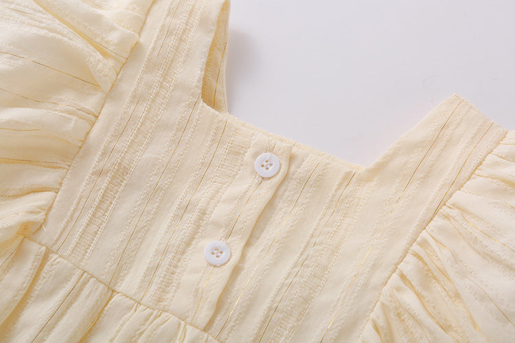 Baby girl solid color short-sleeved onesie with square collar and matching headband in pink, yellow, and beige options.