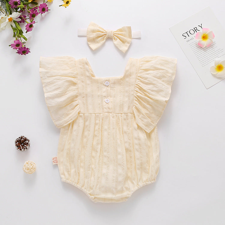 Baby girl solid color short-sleeved onesie with square collar and matching headband in pink, yellow, and beige options.