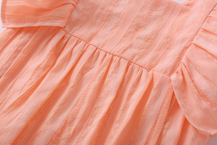 Baby girl solid color short-sleeved onesie with square collar and matching headband in pink, yellow, and beige options.