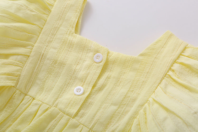 Baby girl solid color short-sleeved onesie with square collar and matching headband in pink, yellow, and beige options.