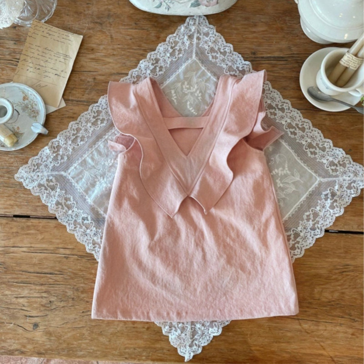 Baby Girl Solid V-Collars Combo Pockets Design Dress in pink and beige, featuring a stylish V-collar and convenient pockets.