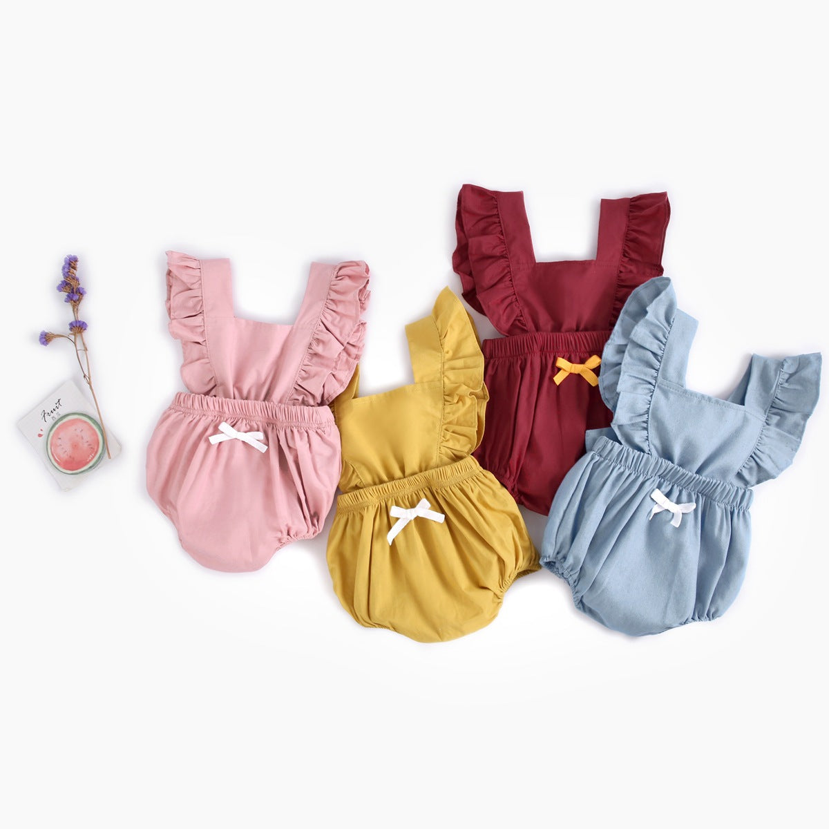 Baby girl sleeveless backless outfit featuring square collar and lace design in denim fabric, available in multiple colors.