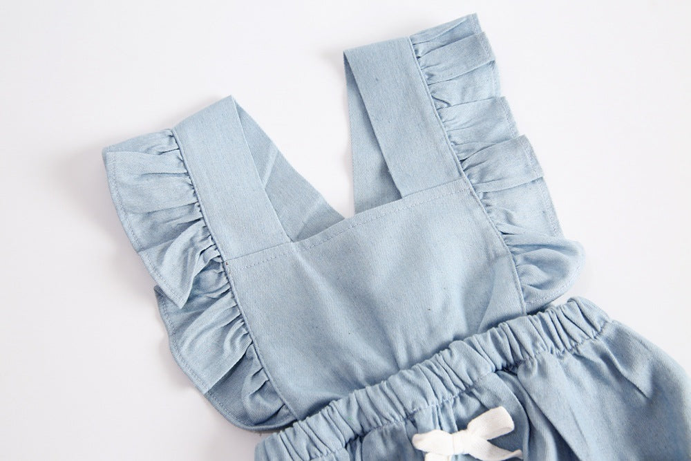 Baby girl sleeveless backless outfit featuring square collar and lace design in denim fabric, available in multiple colors.