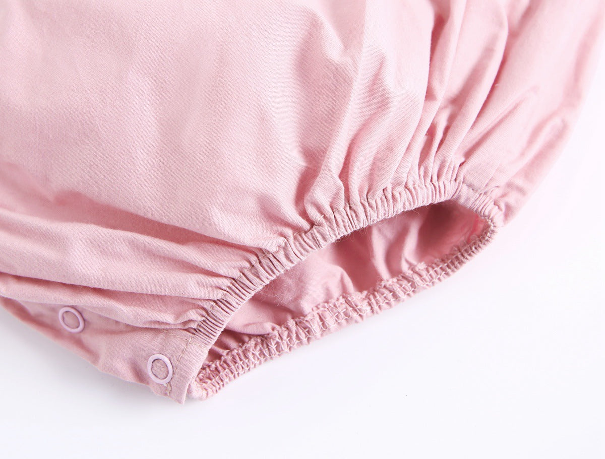 Baby girl sleeveless backless outfit featuring square collar and lace design in denim fabric, available in multiple colors.