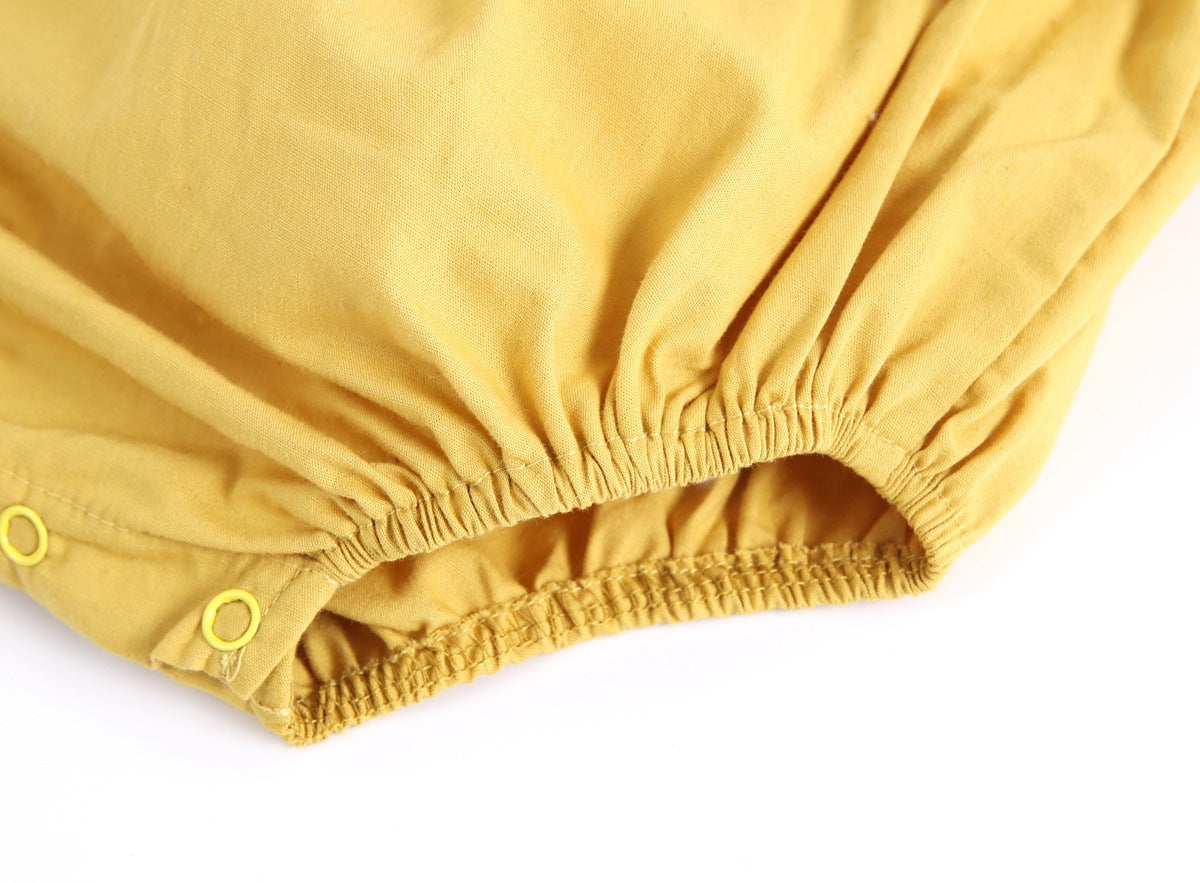 Baby girl sleeveless backless outfit featuring square collar and lace design in denim fabric, available in multiple colors.