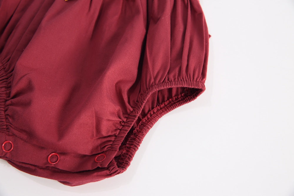 Baby girl sleeveless backless outfit featuring square collar and lace design in denim fabric, available in multiple colors.