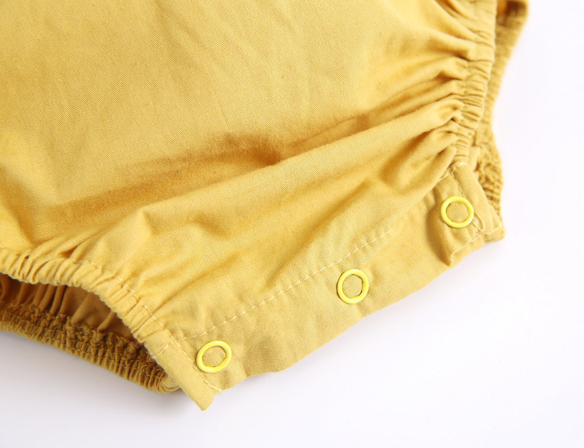 Baby girl sleeveless backless outfit featuring square collar and lace design in denim fabric, available in multiple colors.