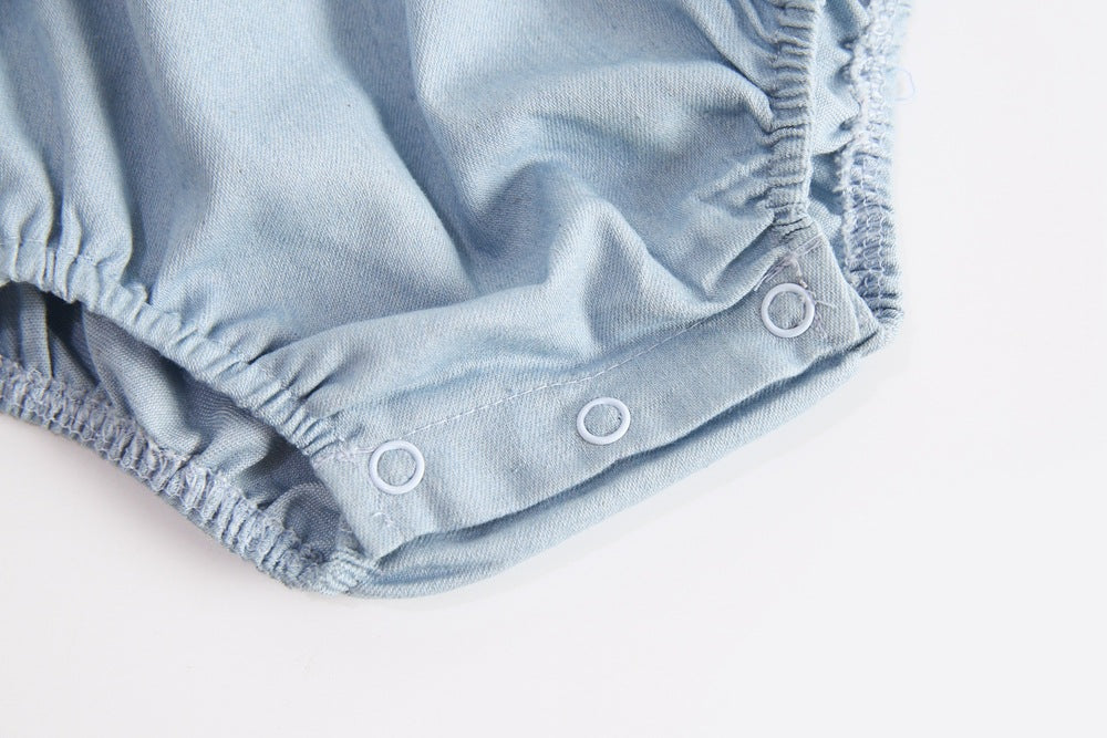 Baby girl sleeveless backless outfit featuring square collar and lace design in denim fabric, available in multiple colors.