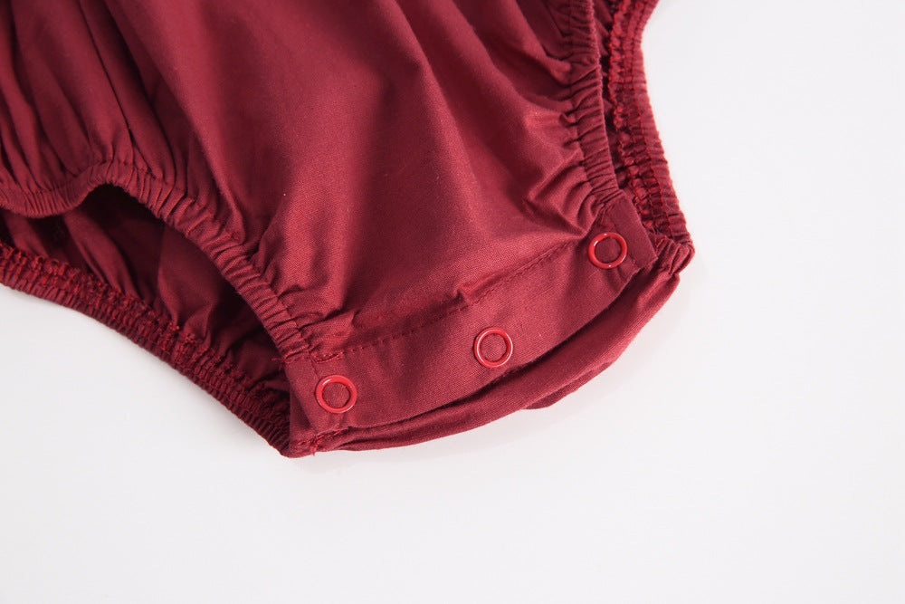 Baby girl sleeveless backless outfit featuring square collar and lace design in denim fabric, available in multiple colors.