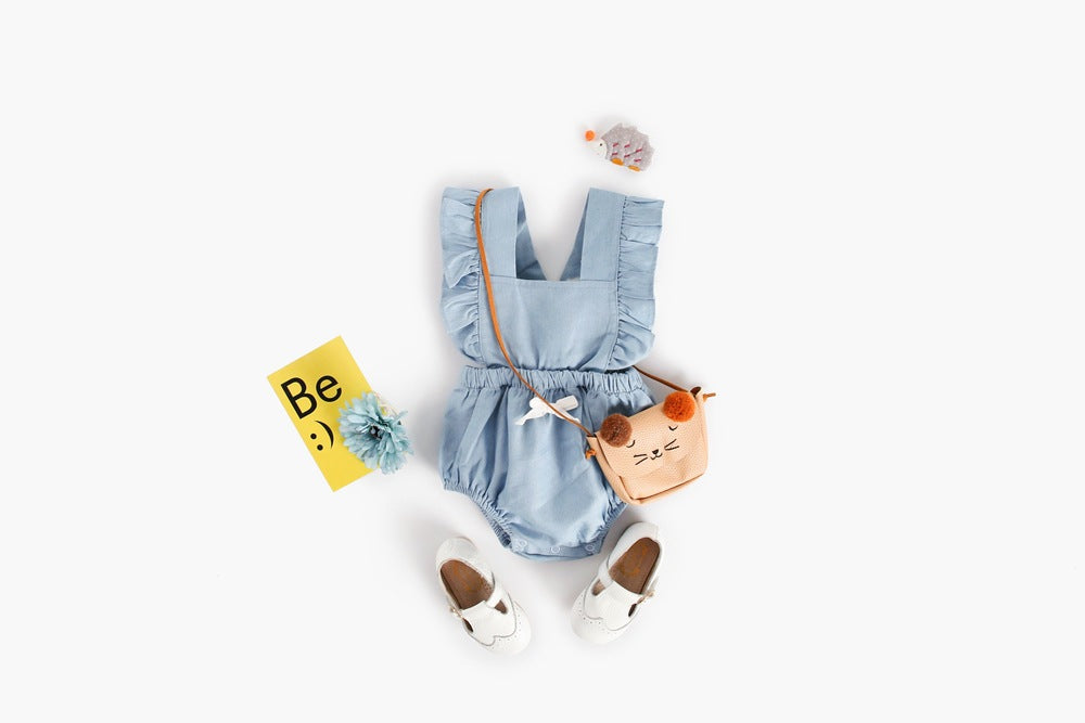 Baby girl sleeveless backless outfit featuring square collar and lace design in denim fabric, available in multiple colors.