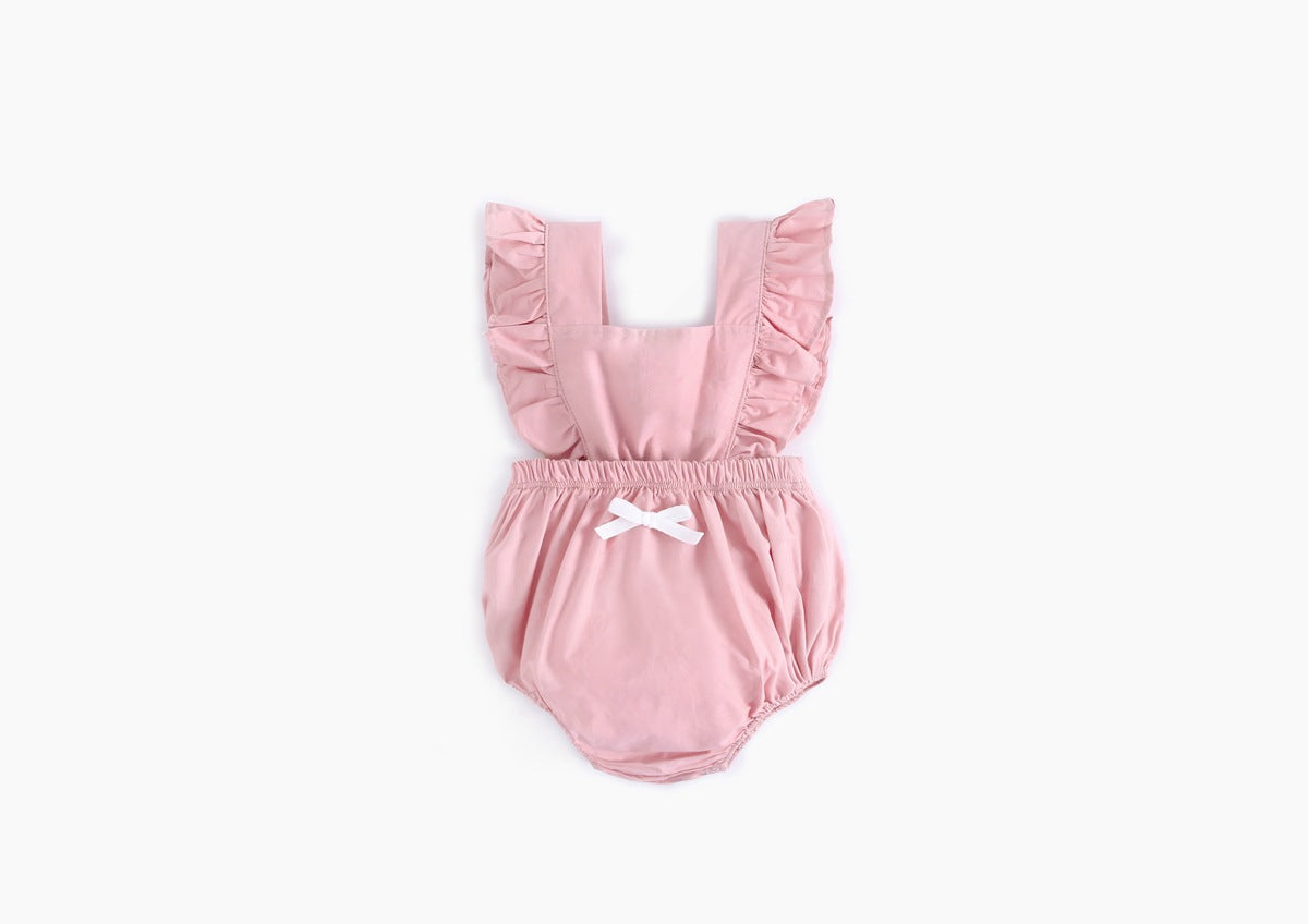 Baby girl sleeveless backless outfit featuring square collar and lace design in denim fabric, available in multiple colors.