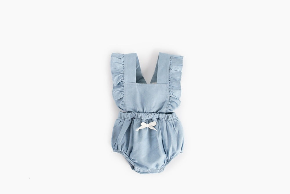 Baby girl sleeveless backless outfit featuring square collar and lace design in denim fabric, available in multiple colors.
